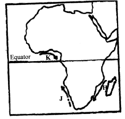 (a) How does a sea breeze occur?  (b) Use the map of Africa below to answer question (b) (i) (i) Name the ocean currents marked H, J and K. (3 marks) (ii) State two effects of a warm ocean current on the adjacent coastlands. (2 marks)