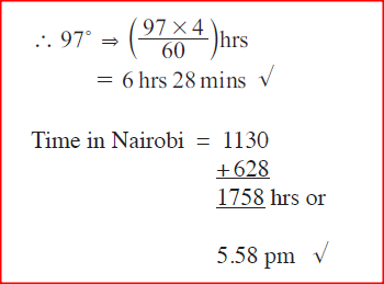​(ii) The local time at Manaul 60° W is 11.30 a.m. What is the time in Nairobi 37° E? 