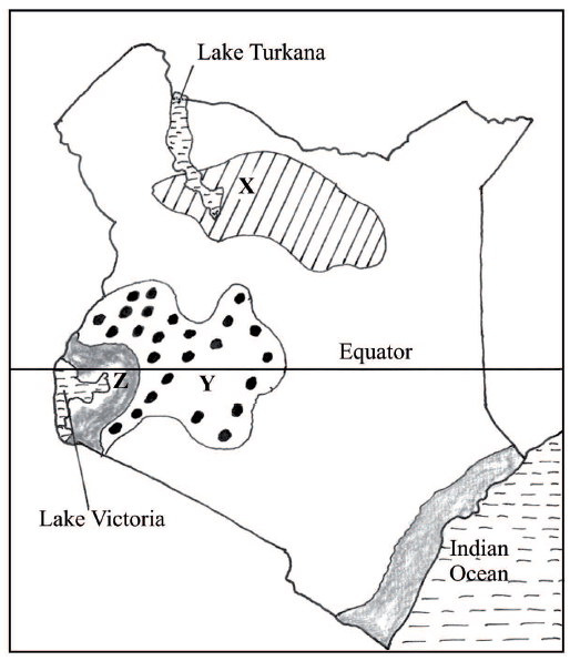 The map below shows some  climatic regions of Kenya. Use it to answer question (a).