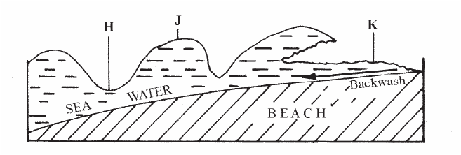 a) The diagram below shows a breaking sea wave. i) Name the features marked M, N, and P. ii) Describe the process through which a crag and tail is formed.