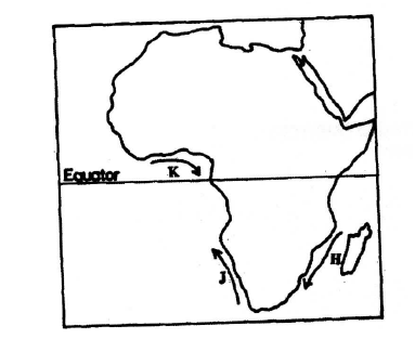 (a) How does a sea breeze occur?  (b) Use the map of Africa below to answer questions (b) (i) (i) Name the ocean currents marked H,J, and K  (ii) State two effects of a warm ocean current on the adjacent coastlands