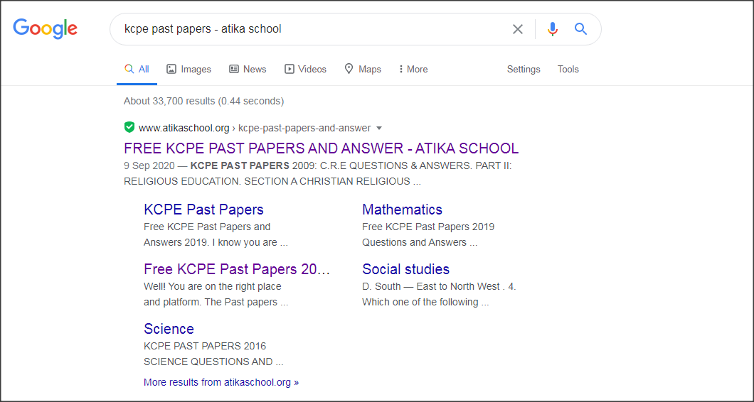 To download from kcpe past papers and answers from google search box