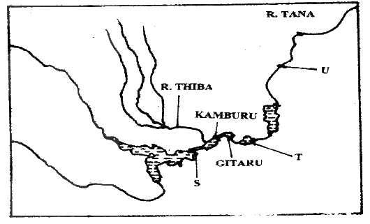 The Sketch map below shows Hydro- Electric Power (H.E.P) stations along the River Tana. Use it to answer questions (a) (i) and (ii) Name (i) The HJ.E.P station marked S and T  (ii) The proposed H.E.P station marked U  (b) Apart from water. Give two renewable sources of industries energy 