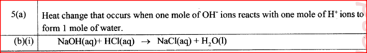 (a) What is meant by a molar heat of neutralisation? (1 marks) (b) In an experiment to determine the molar heat of neutralisation, 50 cm3 of IM hydrochloric acid was neutralised by adding 10 cm3 Onions Of dilute sodium hydroxide. During the experiment, the data in Table 1 was obtained. (i) Write the equation for the reaction in this experiment. (1 mark)