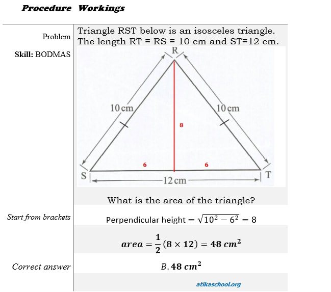 Triangle RST below is an isosceles triangle. The length RT = RS = 10 cm and ST=12 cm. What is the area of the triangle?