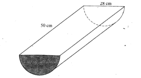 The figure below represents a half of a cylindrical piece of Wood of diameter, diameter 28cm and length of 50cm. What is the surface area of the Wood? (Take π= 27/2).