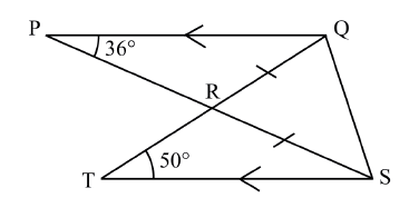In the figure below, lines PQ and TS are parallel. Lines RQ and RS are equal. Angle QPR = 36° and angle STR = 50°. What is the size of angle PQS?