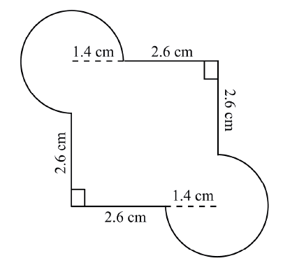 A design was made up of straight edges of length 2.6 cm and arcs of circles of radii 1.4 cm as shown in the figure below. What is the area of the design? (Take π = 22/7)