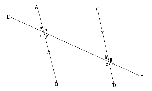 In the figure below line AB and CD are parallel. Line EF is a transversal. Which one of the following choices contains equal angles?