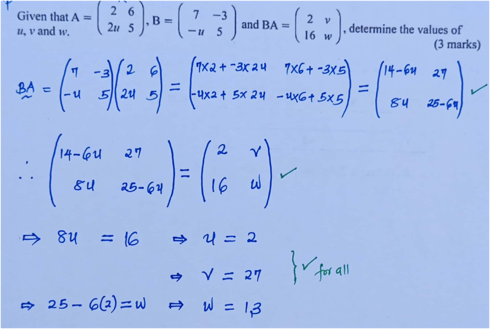DETERMINE THE VALUES OF U, V AND W FROM THE MATRICES BELOW